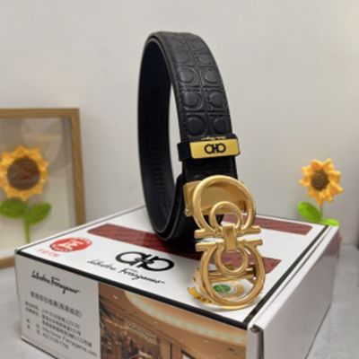 1:1 Ferragamo  Black Leather Belt  with Gold Logo buckle Steel Buckle 3.5cm